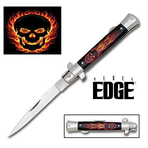 Rebel Edge Folding Stiletto Knife & Poster - Blackout Skull