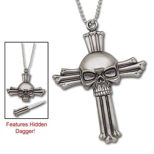 Skeleton Cross Necklace with Hidden Dagger Knife