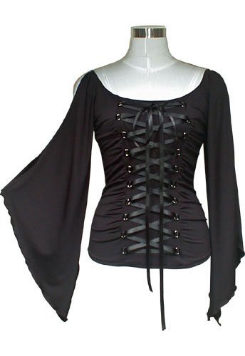 Midnight Black Ribbon Lace Up Corset Shirt Top Gothic Vampire Renaissance Medieval Club S Small NEW