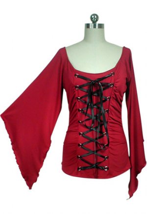 Stunning Red Black Ribbon Lace Up Corset Shirt Gothic Vampire Renaissance Medieval Club S Small NEW