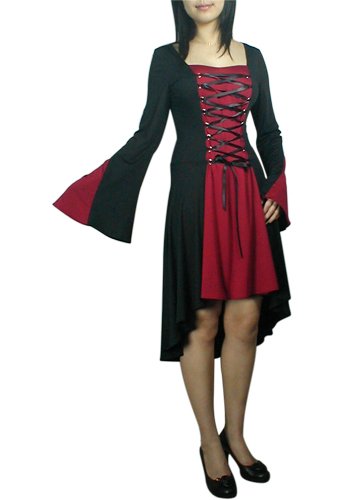 Black Red Lace Up Corset Dress Asymmetric Hem Gothic Renaissance Vampire Club Medieval M MEDIUM NEW