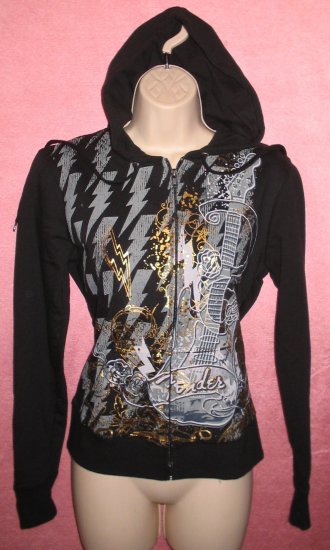 FENDER Guitar Black Hoodie Shirt Gold Metallic Punk Musician Groupie M Medium NEW WITH TAGS