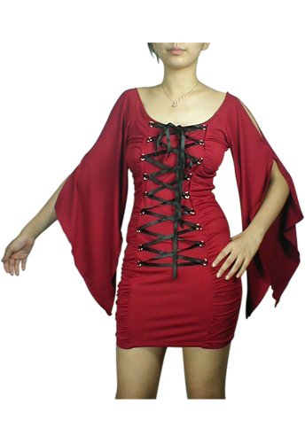 Red Black Corset Mini Dress Shirt Gothic Renaissance Vampire Sleeves M MEDIUM NEW In Package