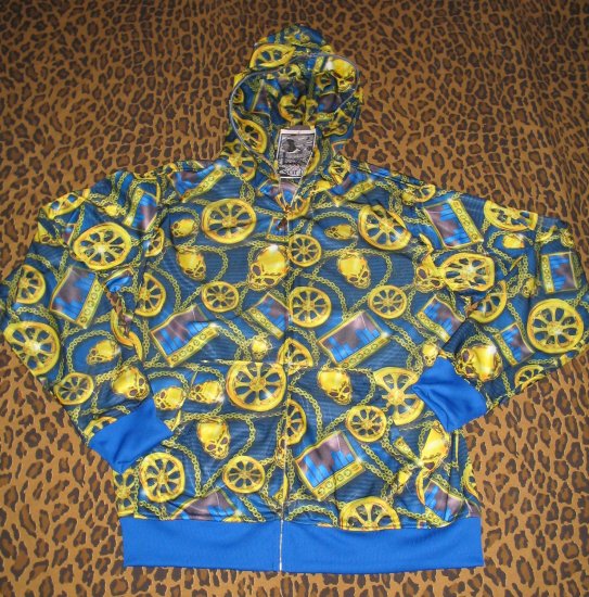 Blue Gold Skull Hoodie Jacket Gothic Punk Rapper Musician Club Emo M Medium NEW WITH TAGS