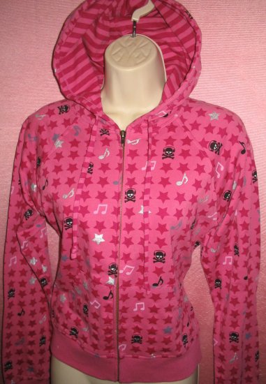 Punk Pink Hoodie Shirt Top Skulls Headphones Musician Gothic L Large NEW WITH TAGS
