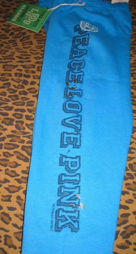 VICTORIA'S SECRET Peace Love PINK Hippie Blue Pants Sweats PJ Gold Glitter S Small New With Tags