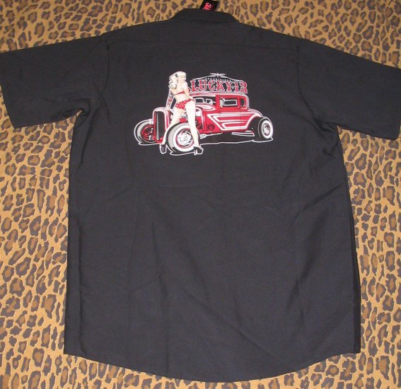 LUCKY 13 Mens Black Work Style Shirt Bikini Pin Up Girl Hot Rod Car Cruise Club S Small NEW WITH TAG