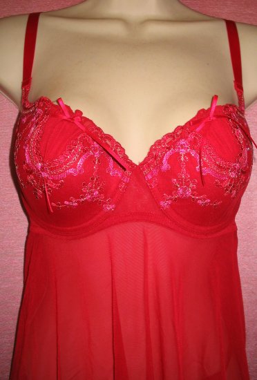 ENCHANTED Sexy Red Babydoll Panty Set Lingerie Chemise Embroidered Padded Cups 1X NEW WITH TAGS