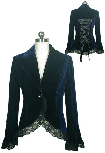 Navy Velvet Lace Trim Satin Ribbon Corset Blazer Jacket Renaissance Gothic Medieval 2X 3X 46 NEW