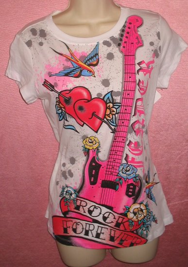 Licensed FENDER Guitar Womens White Pink T-Shirt Musician Band Rock Emo Punk L Large New With Tags