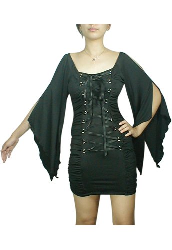 Midnight Black Lace Up Corset Mini Dress Gothic Club Renaissance Medieval Vampire Sleeve L Large NEW