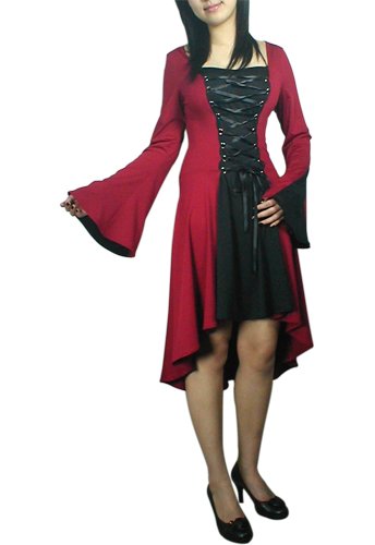 Black Red Lace Up Corset Dress Asymmetric Hem Gothic Renaissance Vampire Club Medieval M MEDIUM NEW
