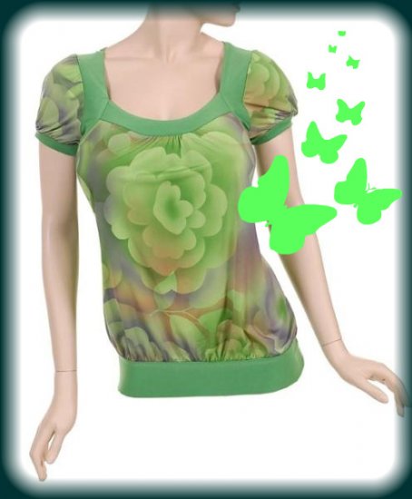 Three Green Puff-Sleeved Banded Tees | Small, Medium, Large