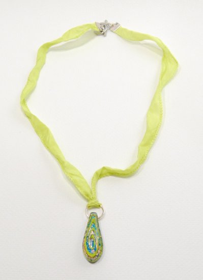 Handmade foil glass Pendant on Ribbon with Toggle Clasp