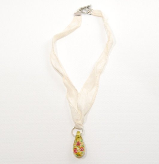 Handmade foil glass flower Pendant on Ribbon with Toggle Clasp