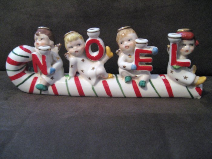 Relco Vintage NOEL Candle Holder Angels on Candy Cane Sled