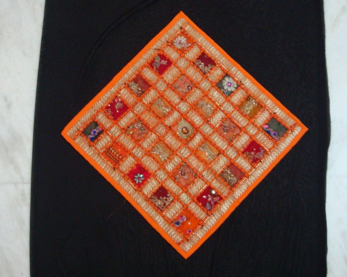 Checkerboard Sari Pillow Cover in Orange Multicolors - 100% Handmade