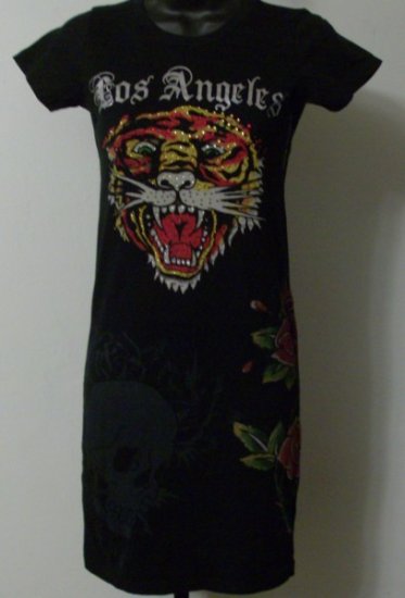 Ed Hardy Stone Tiger, Skull and Roses Dress with Rhinestones