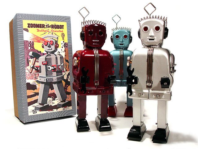Zoomer Robot Battery Operated Tin Toy - Silver