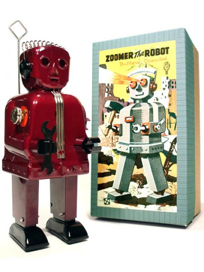Zoomer Robot Battery Operated Tin Toy - Burgundy