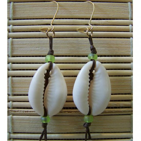 puka shell green dangle earrings