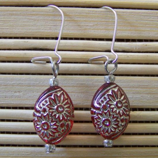 red flower oval dangle earrings