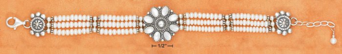STERLING SILVER- 3 STRAND PEARL BRACELET W/MOTHER OF PEARL FLOWER CENTER **FREE SHIPPING ITEM**