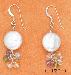 STERLING SILVER- WHITE COIN PEARL EARRINGS W/ MULTI GEMSTONE DANGLE