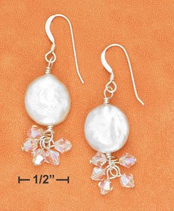 STERLING SILVER- WHITE COIN PEARL EARRINGS WITH CRYSTAL DANGLE