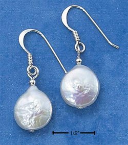 STERLING SILVER- FLAT FRESH WATER WHITE PEARL DANGLE EARRINGS **FREE SHIPPING ITEM**