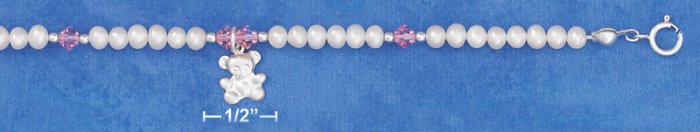 STERLING SILVER- CHILD'S WHITE FRESH WATER PEARL BRACELET WITH BEAR DANGLE