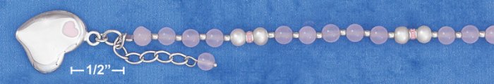 STERLING SILVER- ROSE QUARTZ CHILD'S BRACELET W/ HEART DANGLE **FREE SHIPPING ITEM**