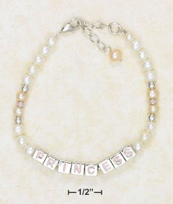 STERLING SILVER- CHILD'S PEARL & "PRINCESS" BLOCK BRACELET WITH PEARL DANGLE