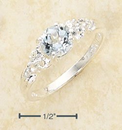 STERLING SILVER- ROUND BLUE TOPAZ WITH TRIPLE WHITE TOPAZ SIDE STONES **FREE SHIPPING**