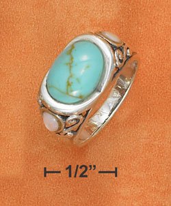STERLING SILVER OVAL TURQUOISE RING WITH PINK SHELL ACCENTS