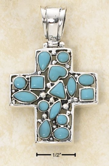 STERLING SILVER- TURQUOISE MOSAIC STONES ON HINGED CROSS PENDANT