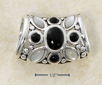 STERLING SILVER ONYX & WHITE MOTHER OF PEARL OPEN FLOWER SETTING SLIDE PENDANT