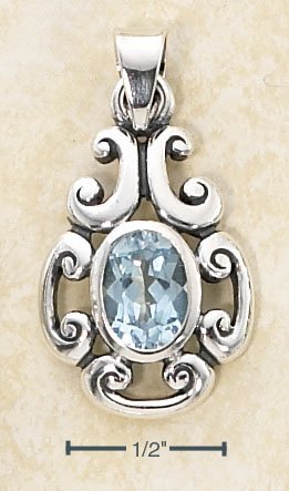 STERLING SILVER SCROLL DESIGN W/ OVAL BLUE TOPAZ STONE PENDANT