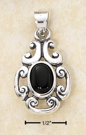 STERLING SILVER SCROLLED DESIGN W/ OVAL ONYX STONE PENDANT