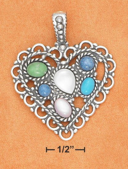 STERLING SILVER- LACY MULTI GEMSTONE ANTIQUED HEART PENDANT **FREE SHIPPING ITEM**