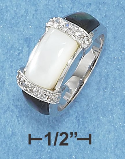 STERLING SILVER WHITE & GRAY MOTHER OF PEARL AND PAVE SET CLEAR CZ STONE RING **FREE SHIPPING**