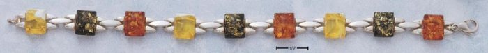 STERLING SILVER 7.25" RECTANGULAR MIXED COLOR AMBER STAMPATO LINK BRACELET