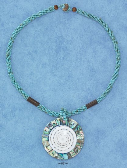 STERLING SILVER 18" NECKLACE WITH GREEN BEADS, WOOD BEADS, AND SHELL PENDANT. **FREE SHIPPING ITEM**