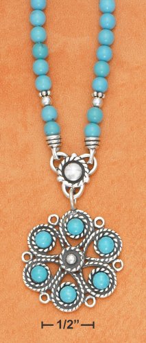 STERLING SILVER TURQUOISE BEAD NECKLACE W/ ROPED TURQUOISE FLOWER