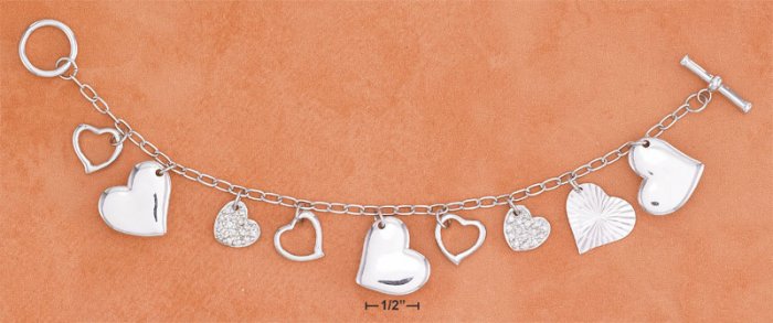 STERLING SILVER LINK MULTIPLE HEARTS CHARM BRACELET W/ TOGGLE **FREE SHIPPING ITEM**