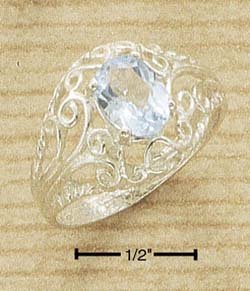 STERLING SILVER- OVAL BLUE TOPAZ RING WITH OPEN FILIGREE DESIGN SHANK