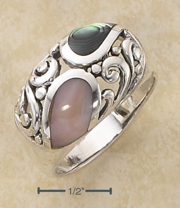 STERLING SILVER ABALONE & PINK SHELL INLAY SCROLLED DOME RING