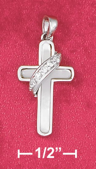 STERLING SILVER- MOTHER OF PEARL CROSS PENDANT WITH CZ BANNER