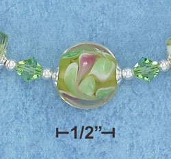 STERLING SILVER- ADJUSTABLE LENGTH LIME SWIRL GLASS BEADS NECKLACE