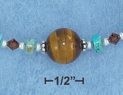 STERLING SILVER- TIGER EYE BEAD NECKLACE W/ TURQUOISE & SMOKEY TOPAZ ACCENTS